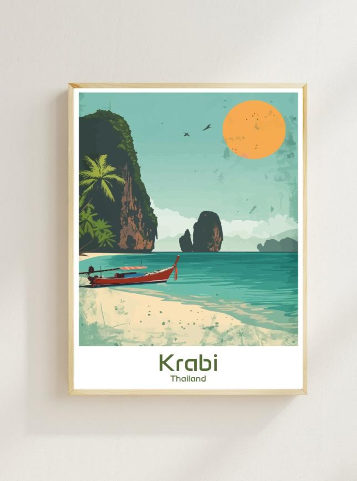Krabi Thailand Longtail Boat Beach Karst Sunset Vintage Poster