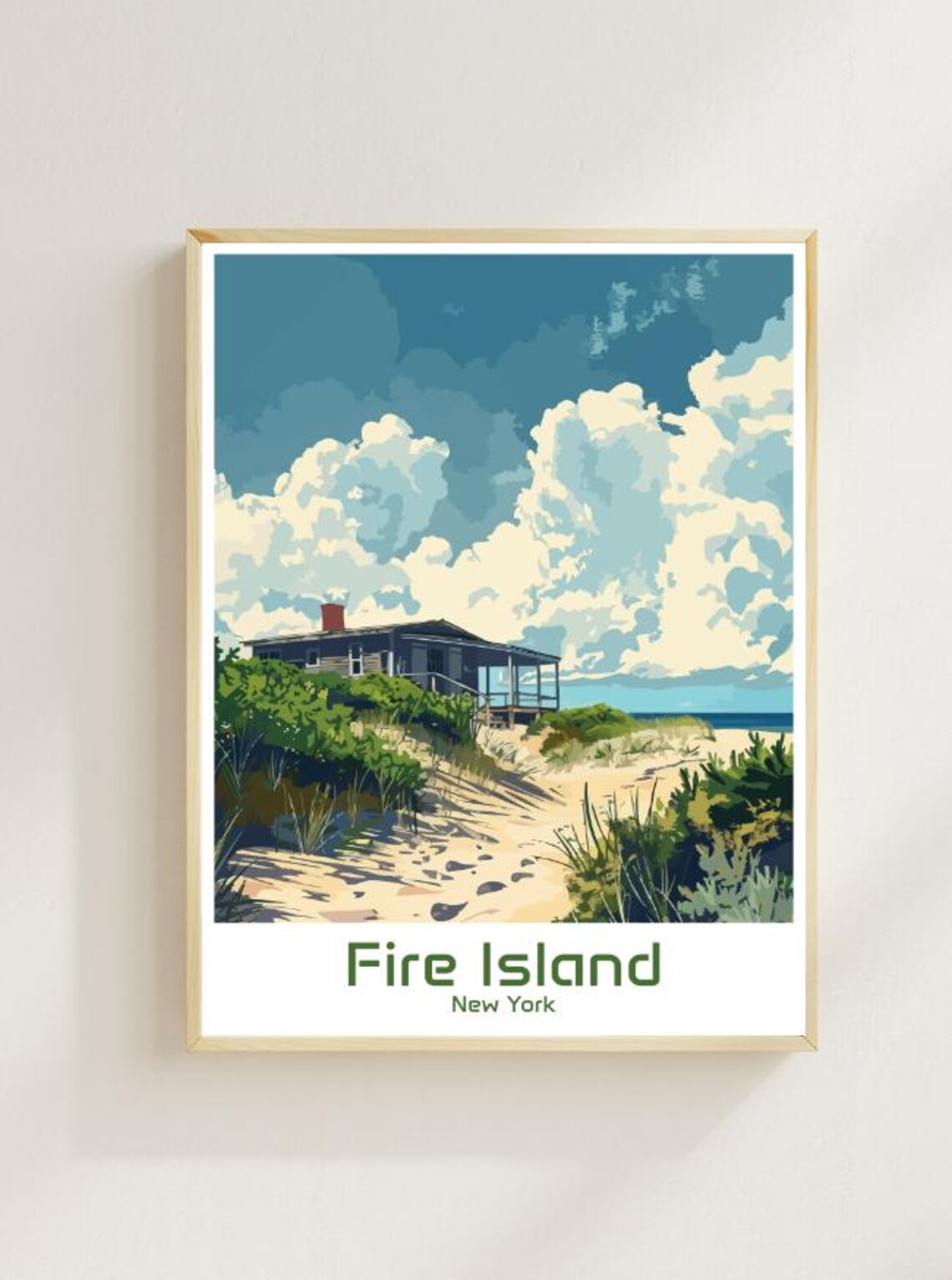 Fire Island New York Vintage Travel Dune Cottage Ocean Poster