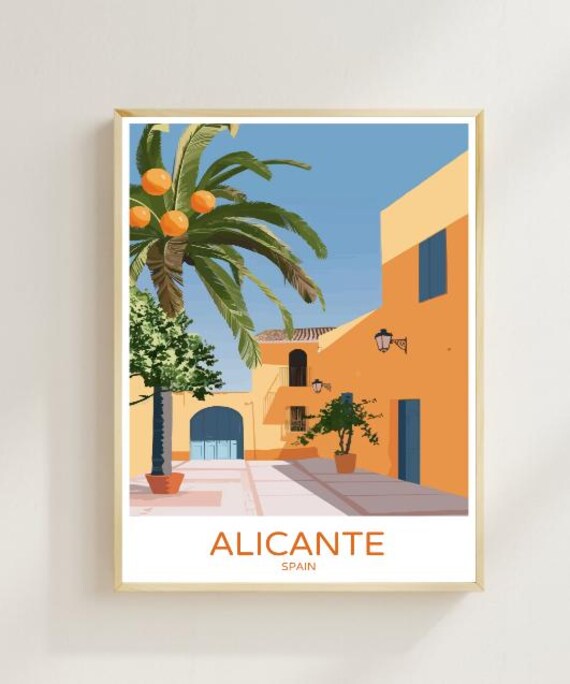 Alicante Spain Travel Poster Palm Courtyard Orange Buildings View Decor