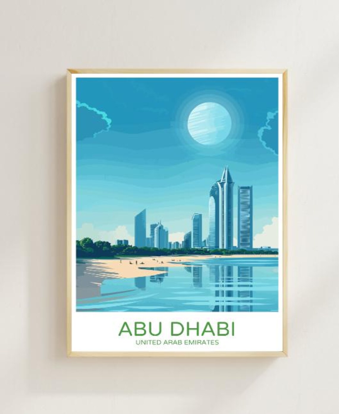 Abu Dhabi Skyline Travel Poster With Beachfront Towers And Blue Sea