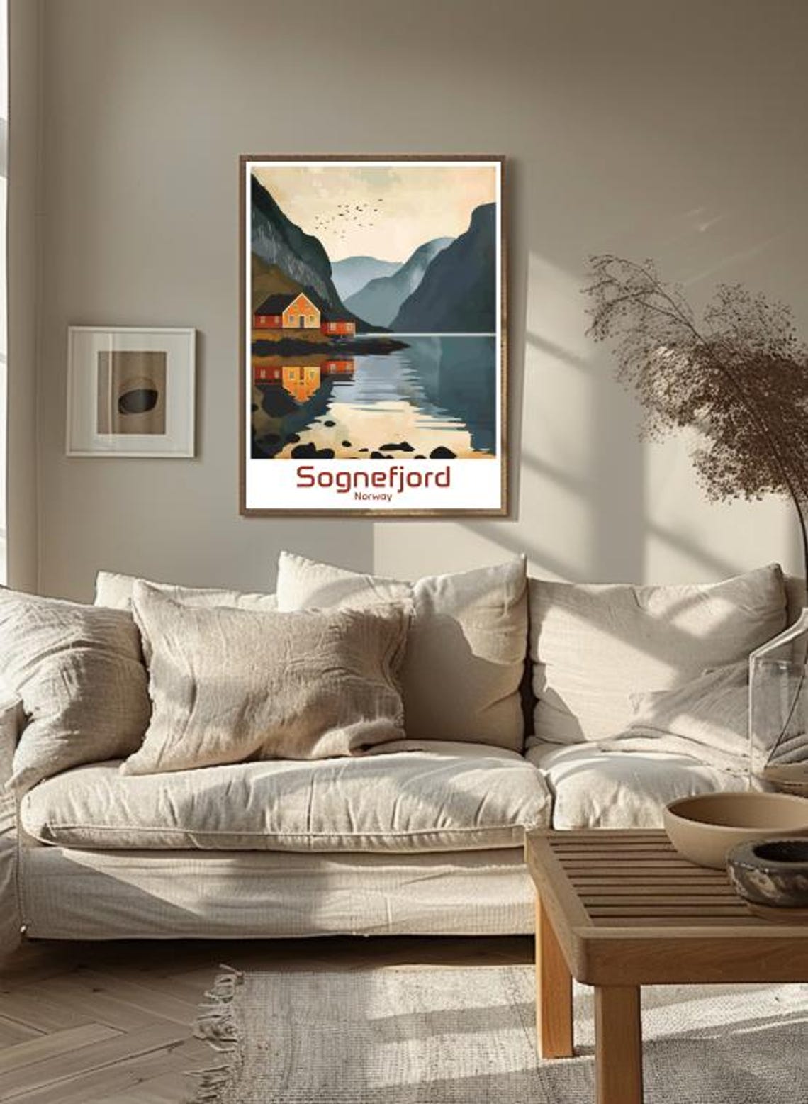 Sognefjord Norway Red Cabins on Fjord Reflection Travel Poster - Image 3