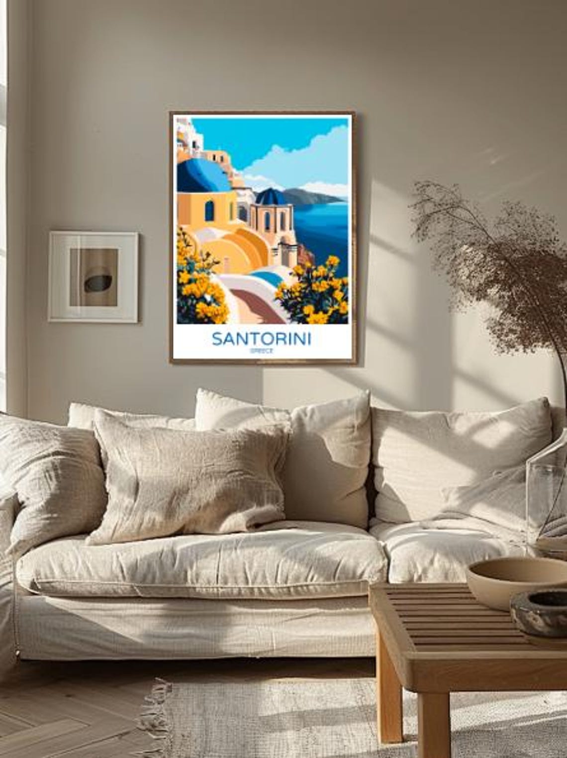 Santorini Greece Blue Domes Yellow Flowers Caldera View Travel Poster - Image 2