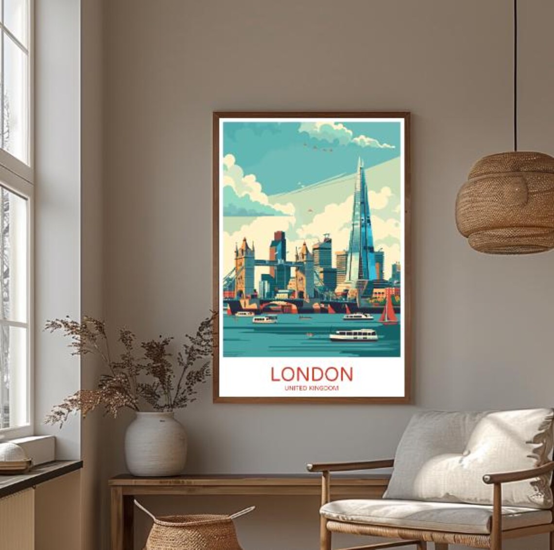 London United Kingdom Tower Bridge Shard Thames Retro Travel Poster - Image 3