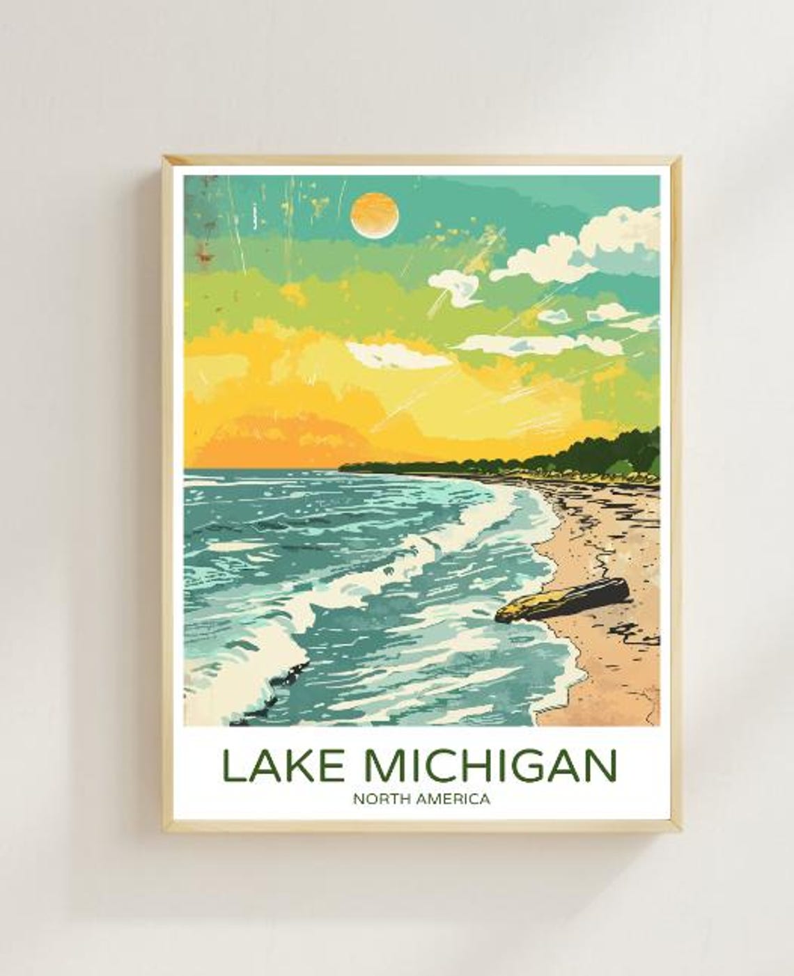 Lake Michigan Vintage Beach Sunset Coastal Great Lakes Travel Poster