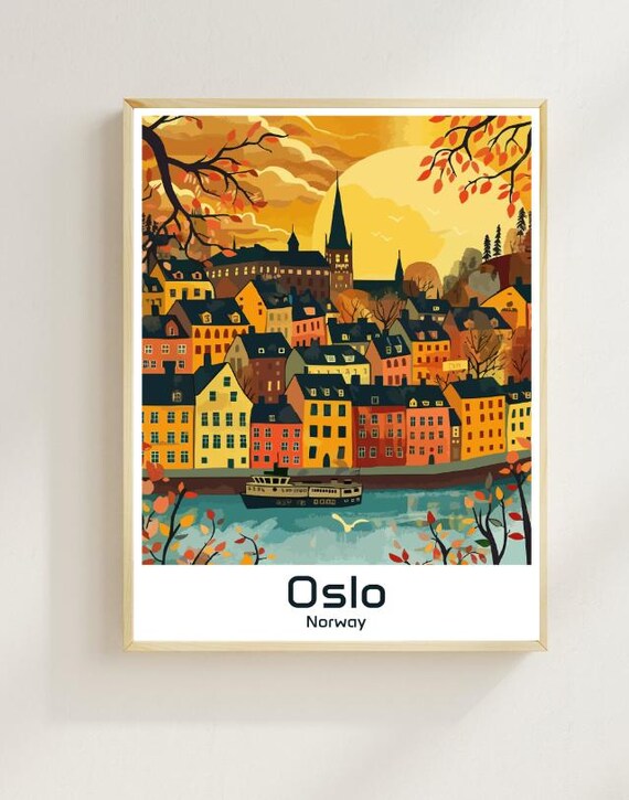 Oslo Norway Autumn Harbor Old Town Illustrated Travel Poster