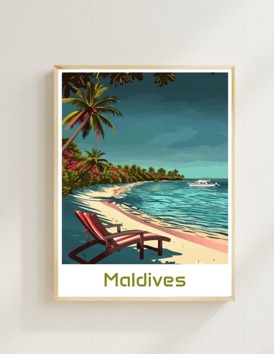 Maldives Tropical Beach Sunset Island Escape Vintage Travel Poster