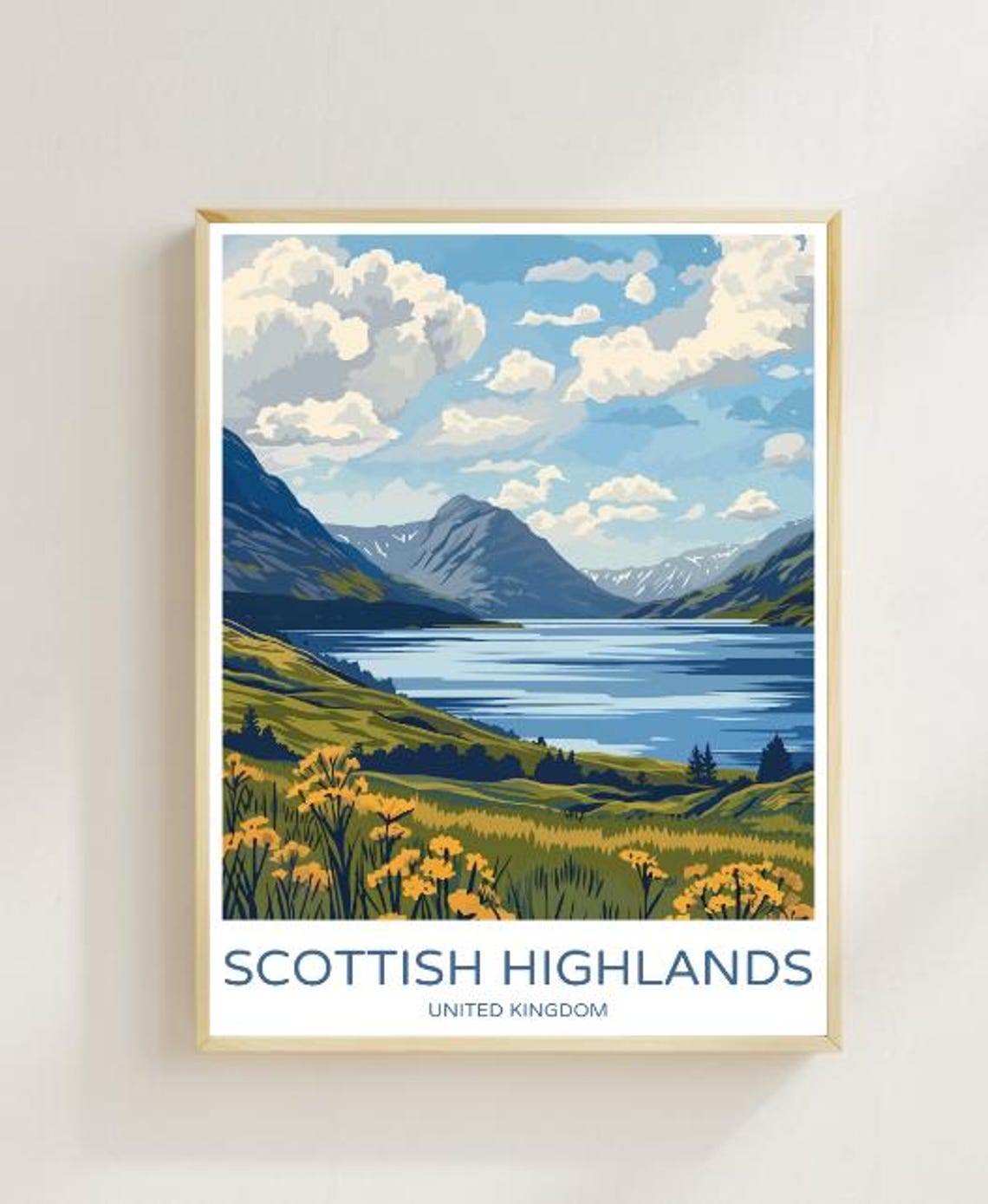 Scottish Highlands United Kingdom Loch Mountain Retro Travel Poster