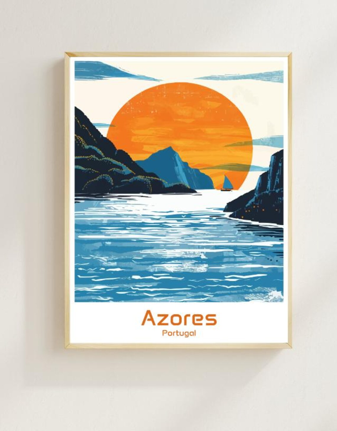 Azores Portugal Travel Poster Sunset Ocean Cliffs Sailboat Artwork