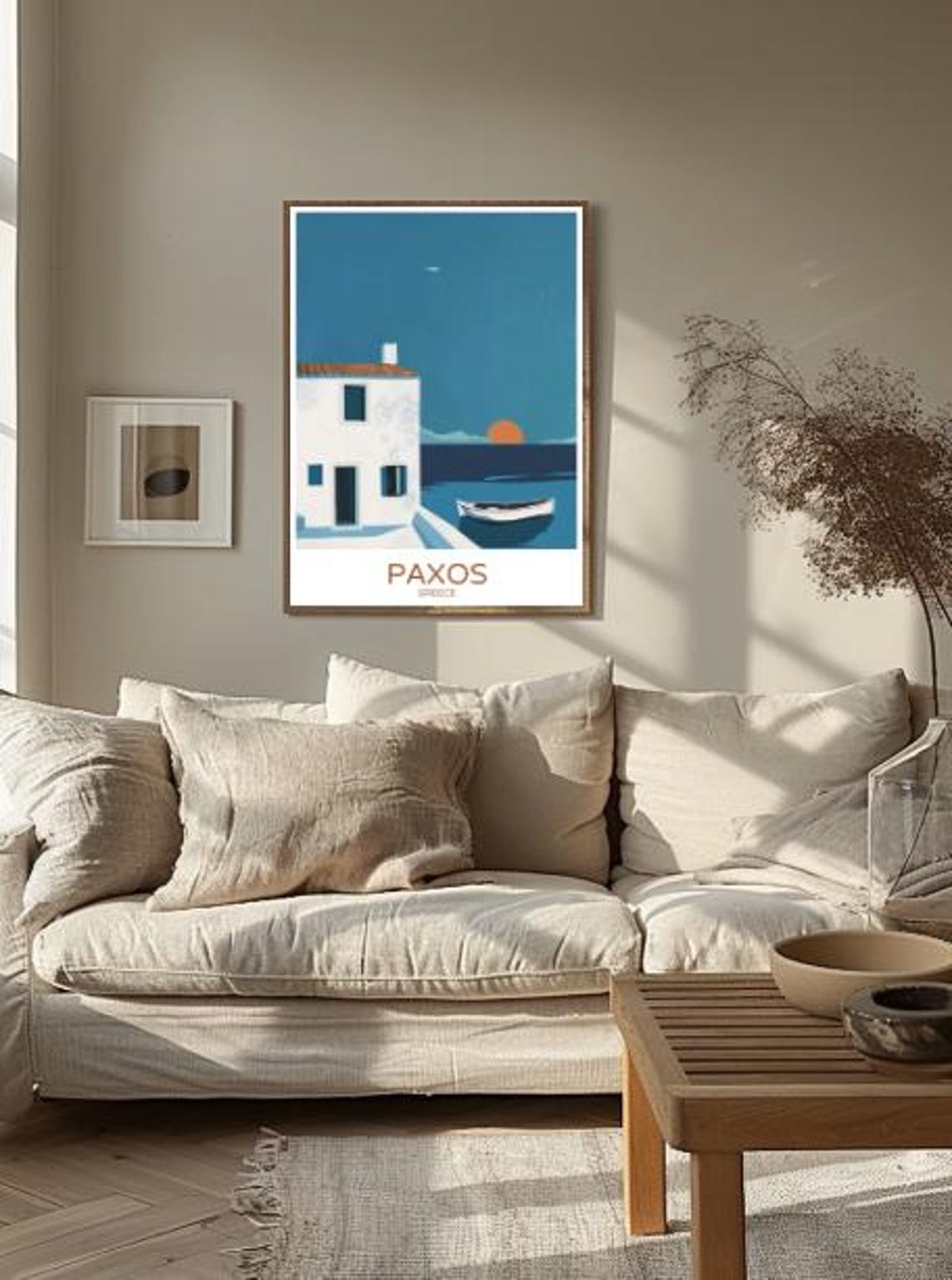 Paxos Greece Travel Poster White House Boat Sunset Island Scene Art - Image 2