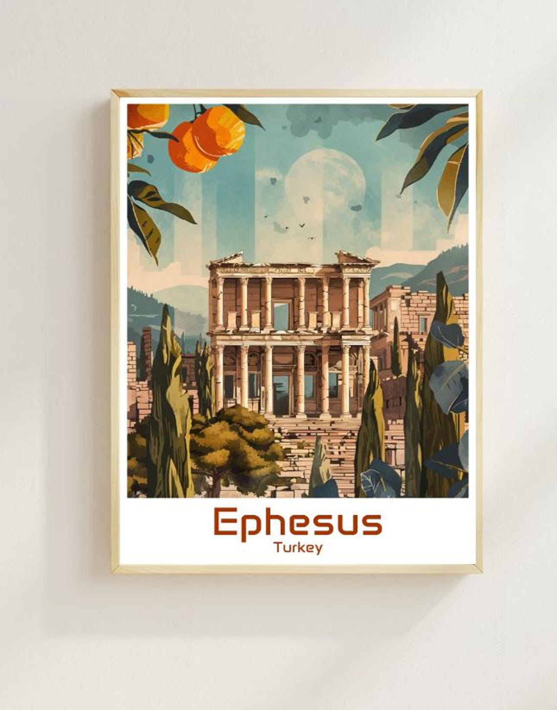 Ephesus Turkey Library of Celsus Ruins Moonlit Night Scene Poster