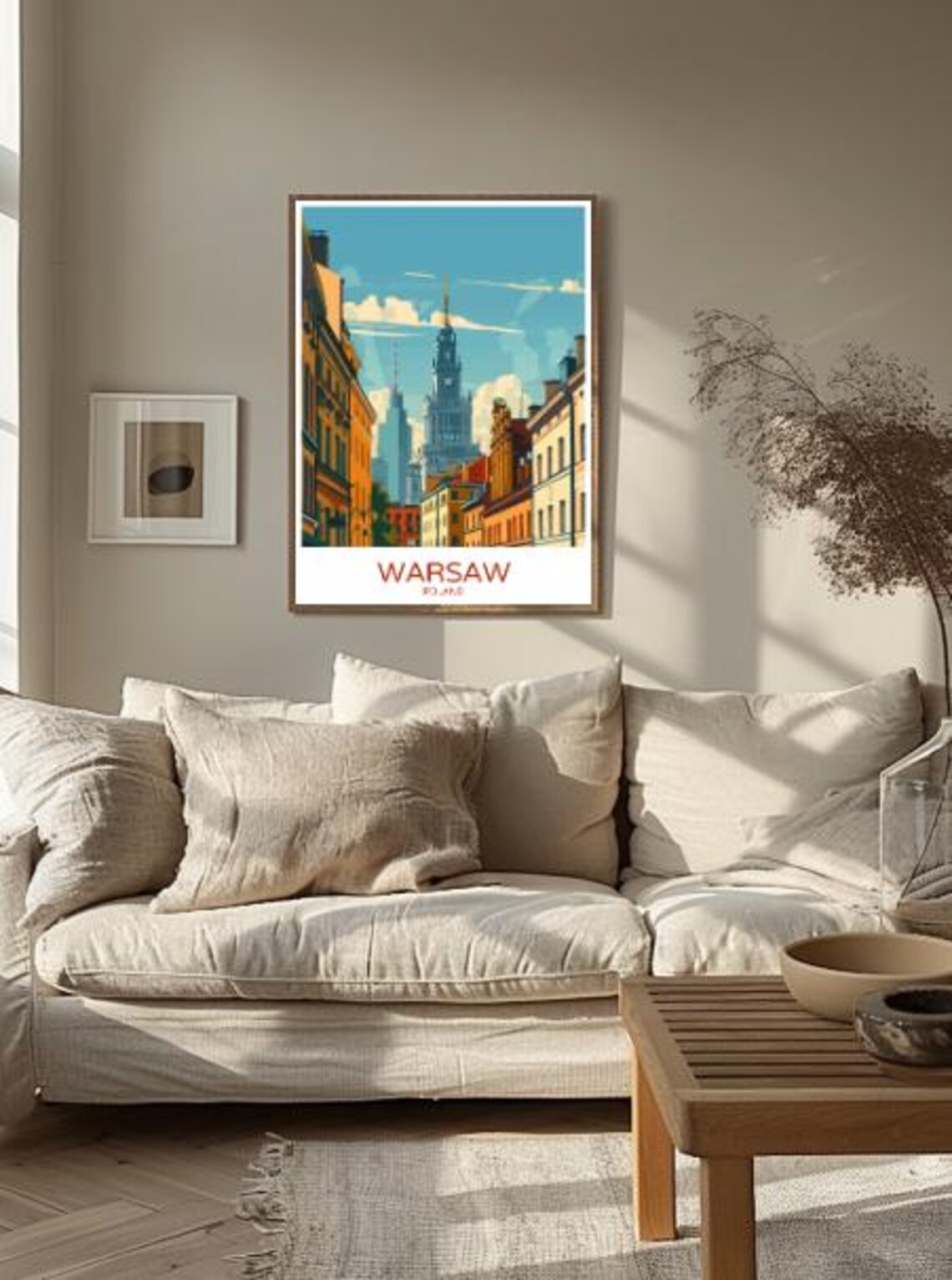 Warsaw Poland Travel Poster Palace Of Culture Vintage Street Scene Art - Image 2