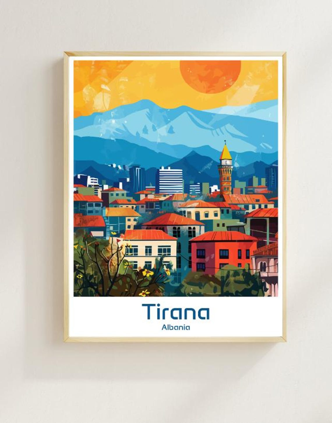 Tirana Albania Cityscape Clock Tower Sunset Vintage Travel Poster