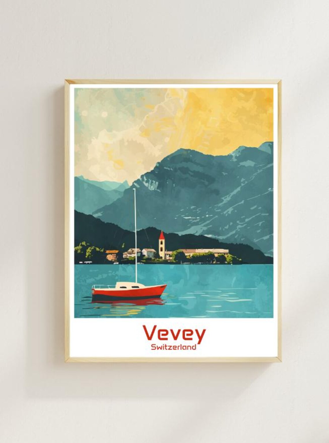 Vevey Switzerland Lake Geneva Sailboat Mountain Sunset Travel Poster