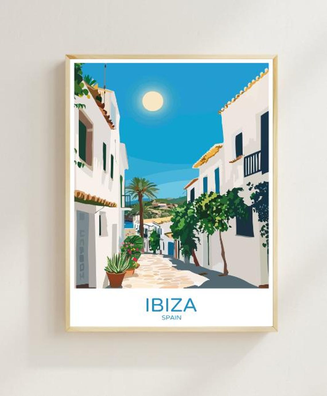 Ibiza Spain Sunlit Whitewashed Village Street Under Blue Sky Poster