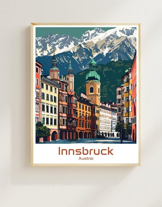 Innsbruck Austria Old Town Church Towers Snowy Alpine Peaks Travel Poster