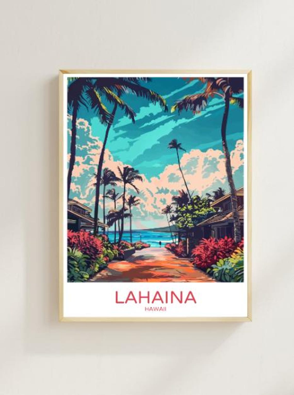 Lahaina Hawaii Tropical Palm Beach Path Vintage Travel Art Poster