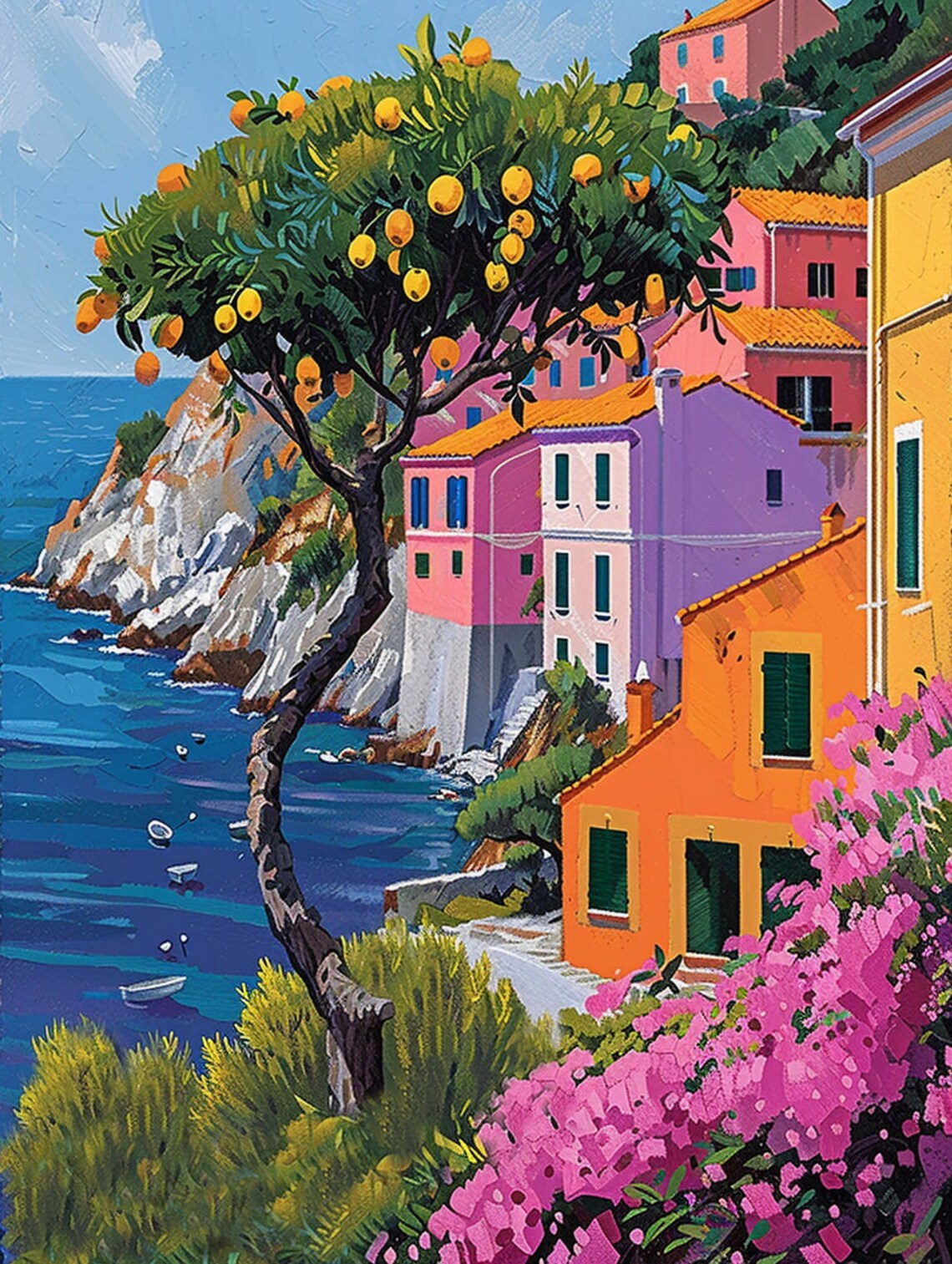 Amalfi Lemon Tree Coastal Painting Print With Colorful Village Scene