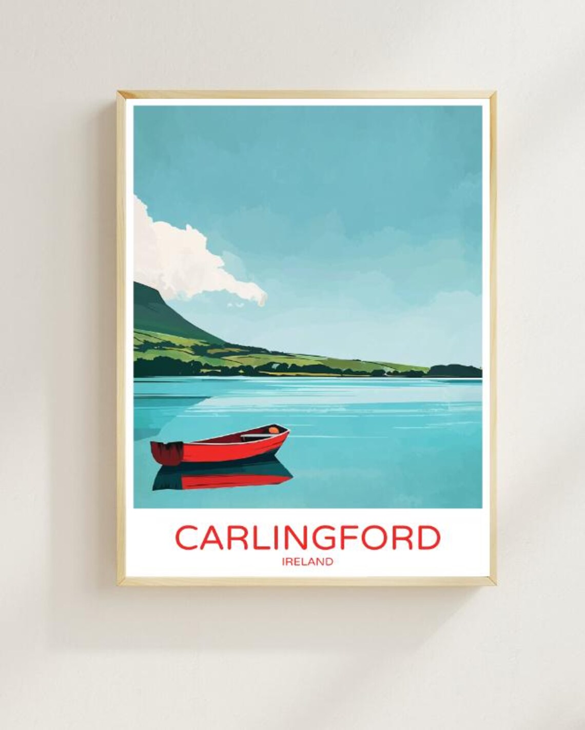 Carlingford Lough Ireland Red Boat Calm Water Scenic Vintage Poster
