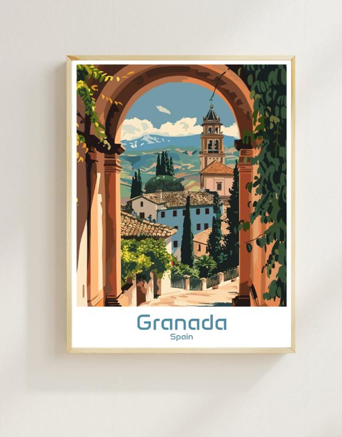 Granada Spain Vintage Travel Poster Andalusian Cityscape Arch View