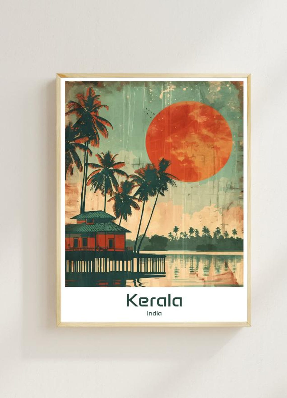 Kerala India Backwaters Houseboat Palm Trees Sunset Travel Poster