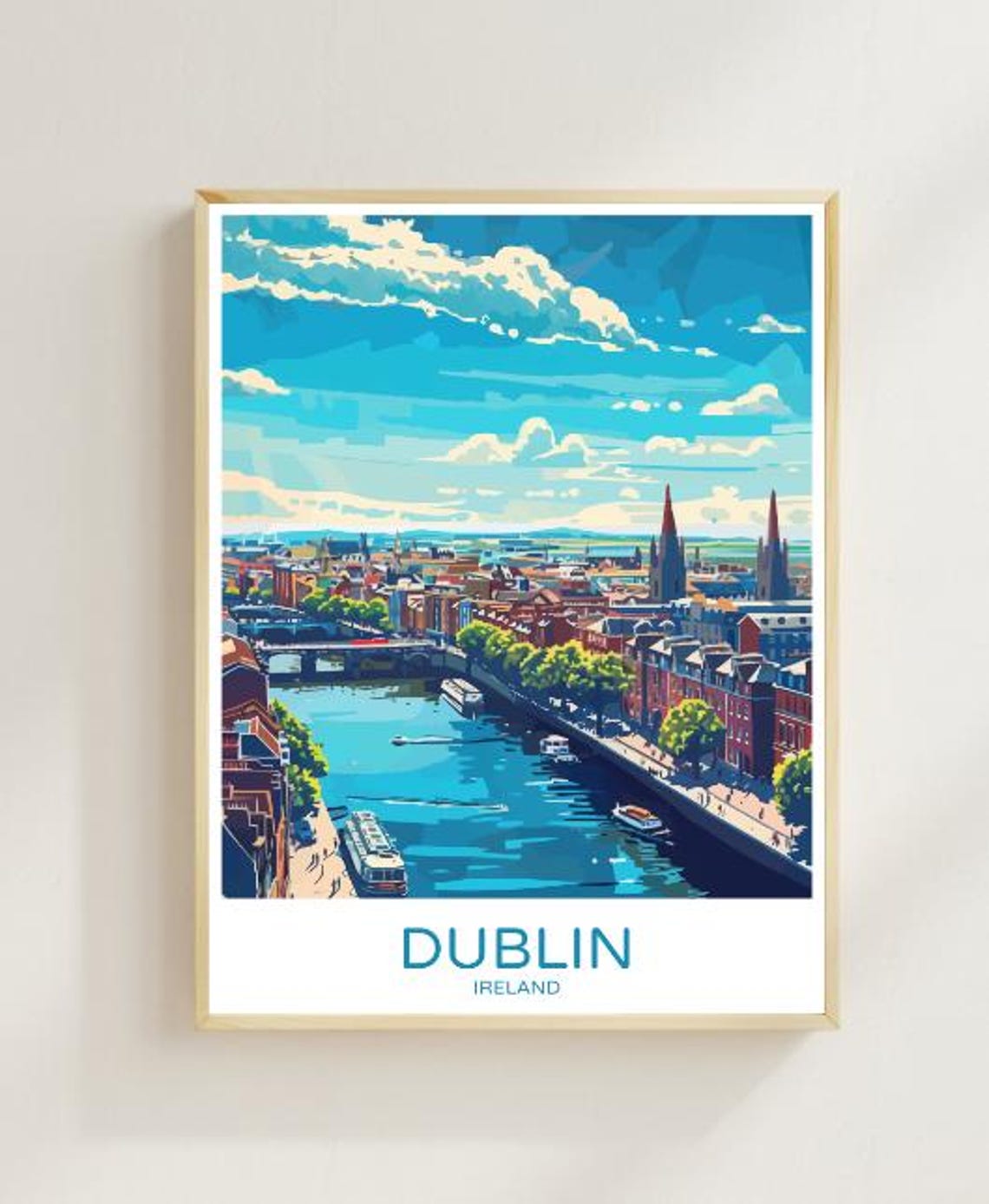 Dublin Ireland Cityscape Travel Poster With River Liffey Bridge View