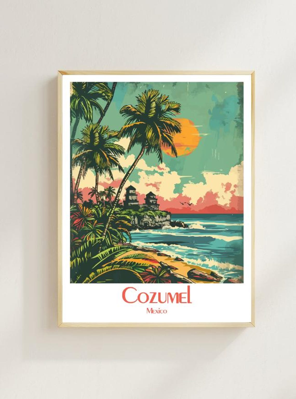 Cozumel Golden Sunset Palms and Mayan Ruins Mexico Travel Poster