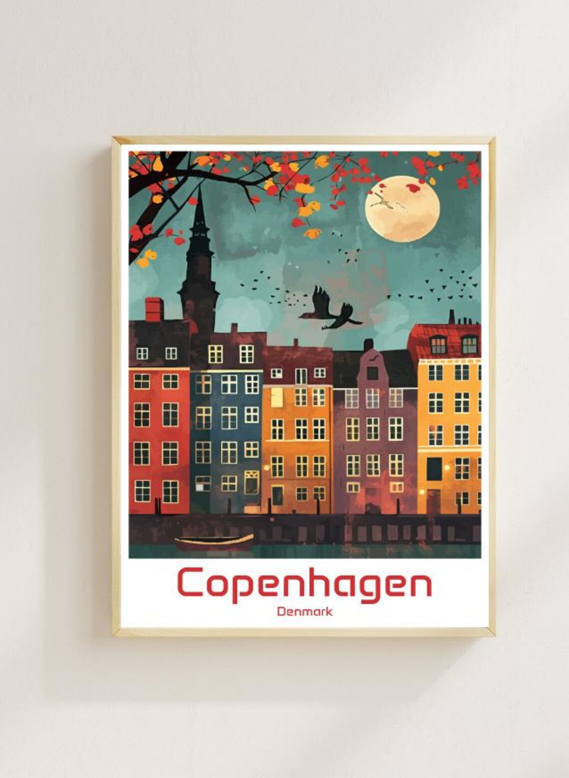 Copenhagen Denmark Nyhavn Colorful Houses Moon Illustration Poster