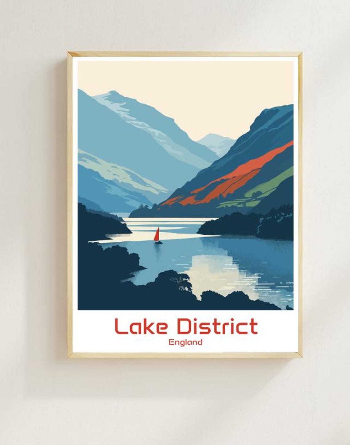 Lake District England Sailboat Lake Mountain Vintage Travel Poster