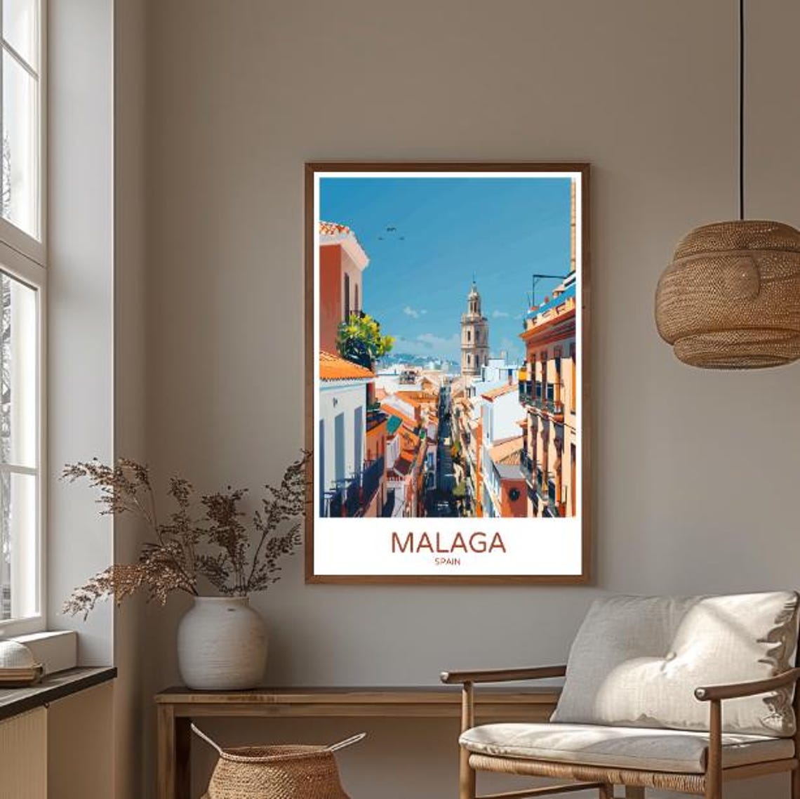 Malaga Spain Travel Poster With Sunlit Rooftops And Church Tower View - Image 3