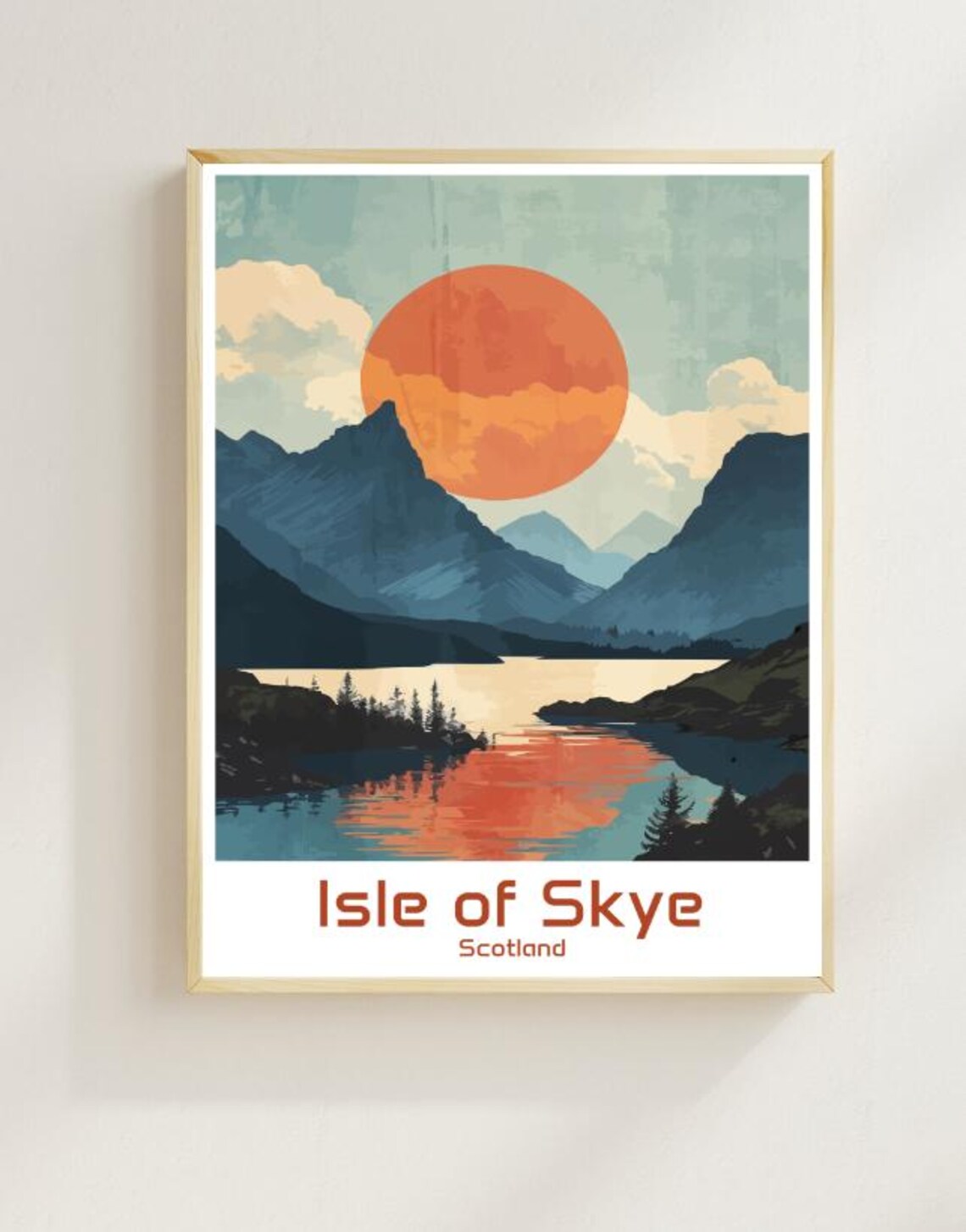 Isle of Skye Scotland Sunset Lake Mountain Illustrated Travel Poster