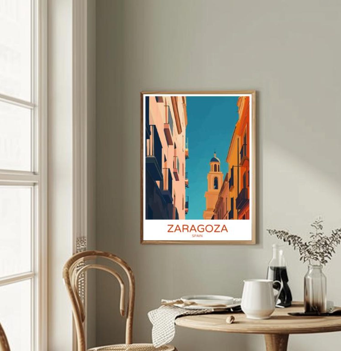 Zaragoza Spain Old Town Street Bell Tower Travel Poster Home Decor - Image 2