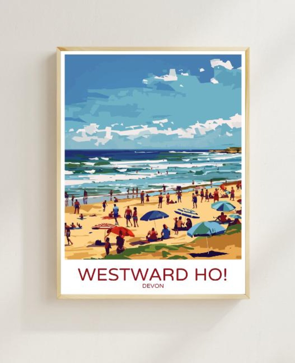 Westward Ho Devon Busy Beach Day Parasols and Swimmers Travel Poster