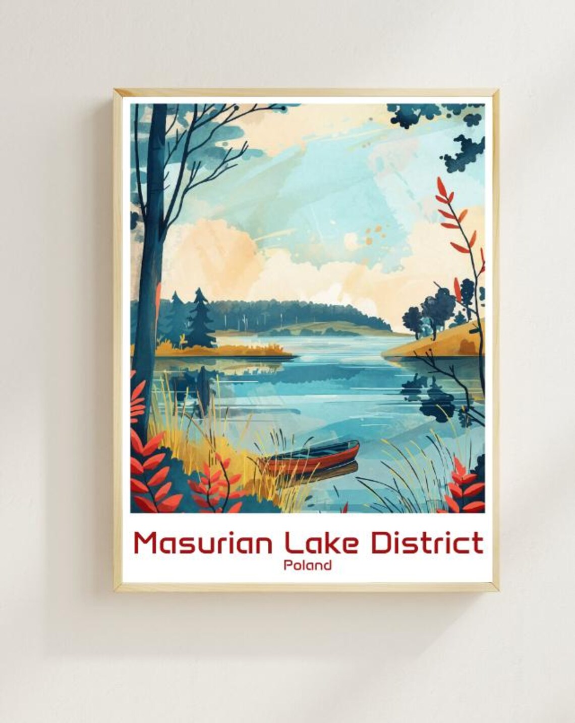 Masurian Lake District Poland Canoe Lakeside Illustration Poster