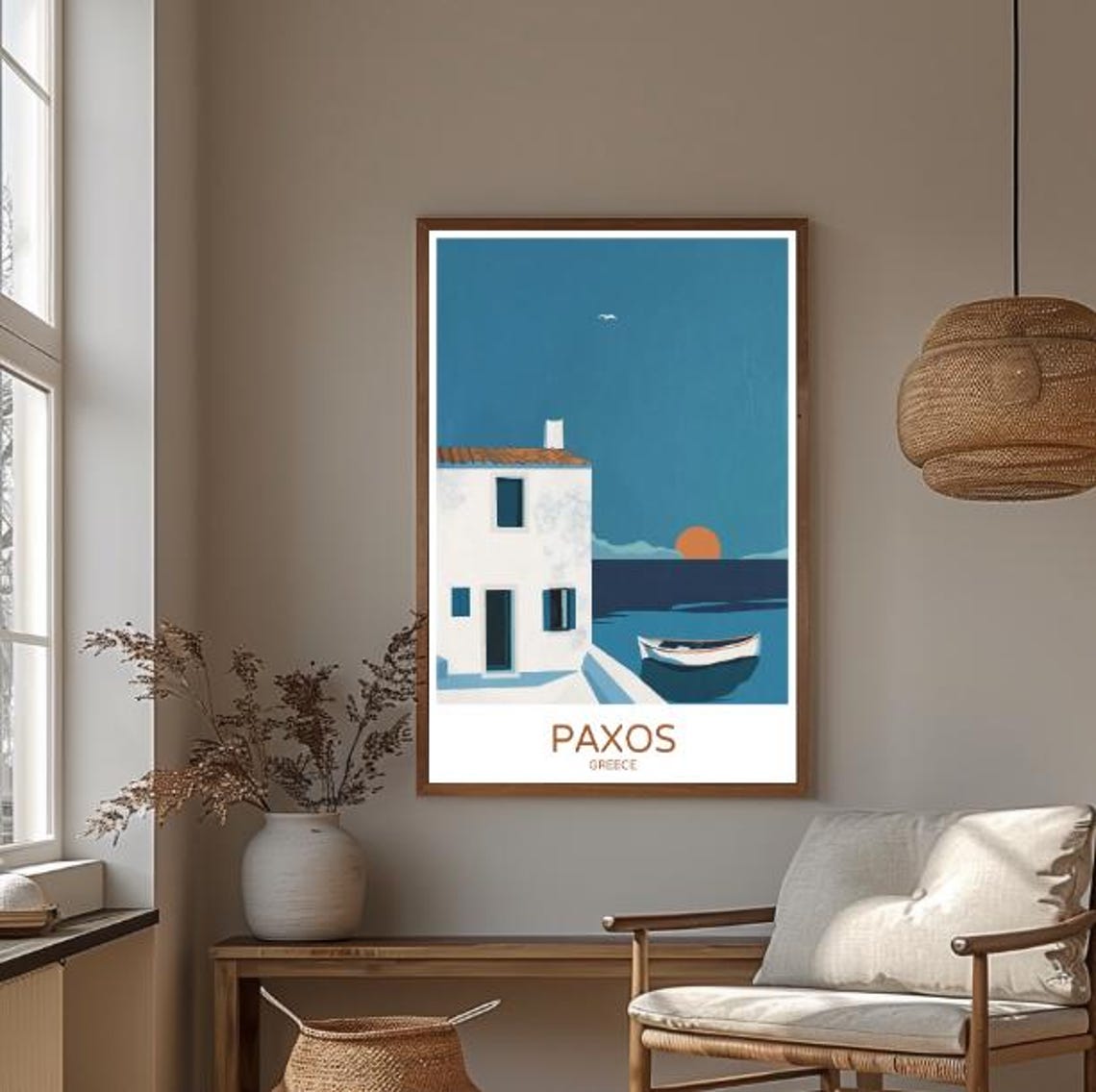 Paxos Greece Travel Poster White House Boat Sunset Island Scene Art - Image 3