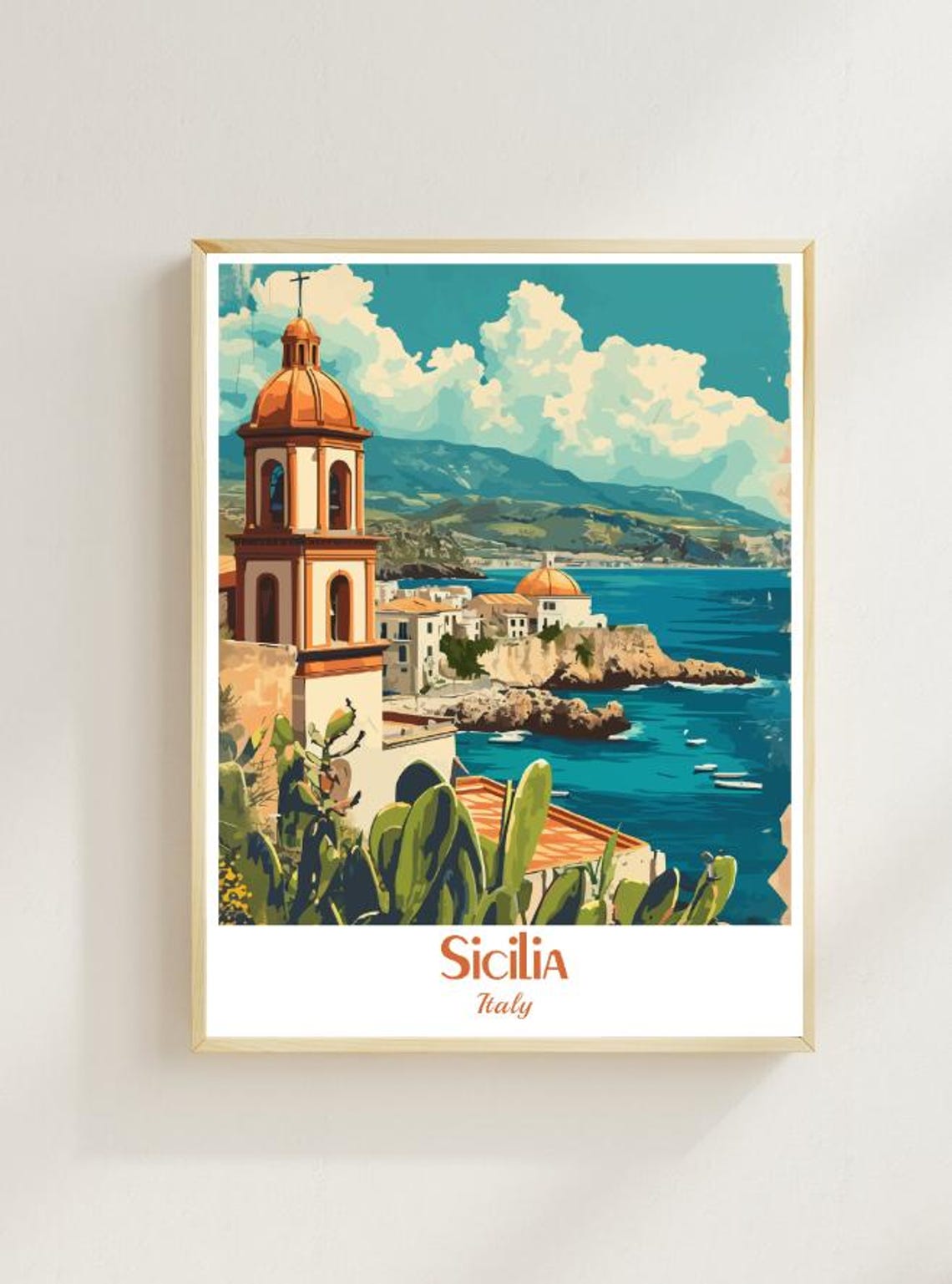 Sicilia Italian Coastal Bell Tower Cactus Seaside Town Poster
