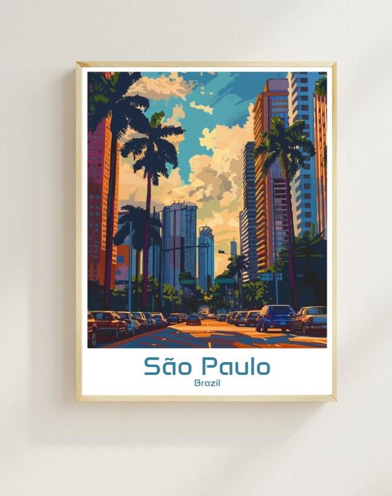 Sao Paulo Brazil Cityscape Poster Palm Lined Avenue Street Vintage Art