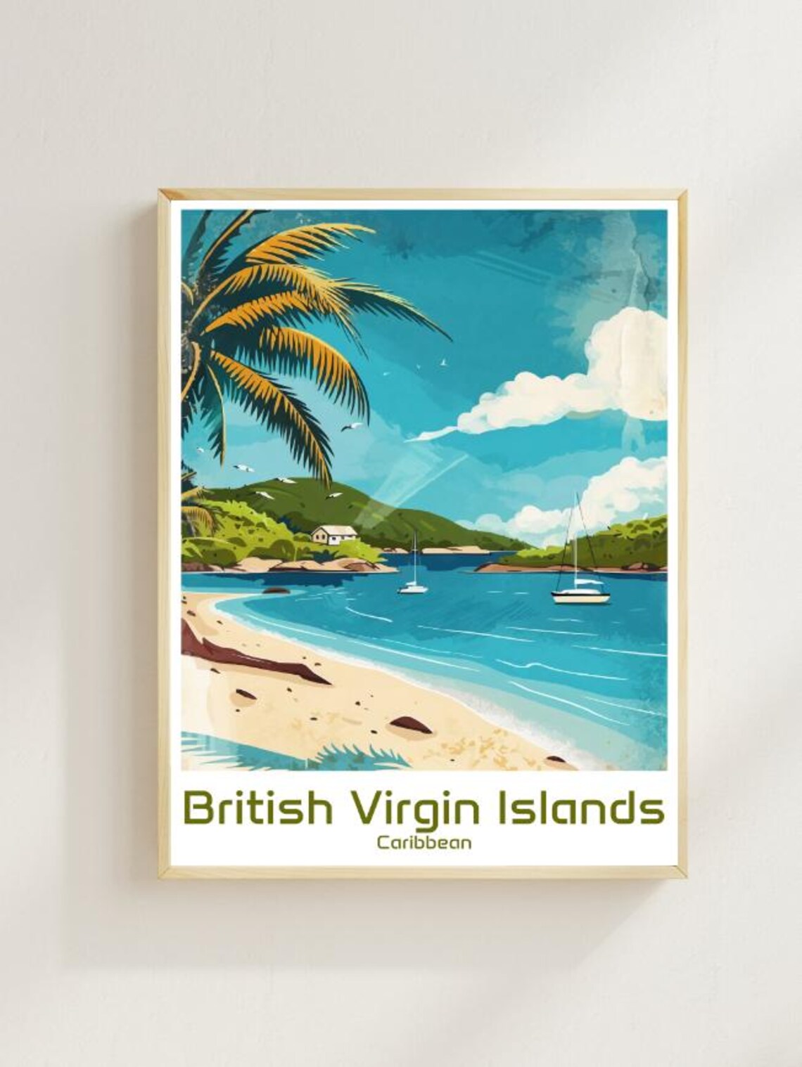 British Virgin Islands Caribbean Beach Palm Sailboat Travel Poster