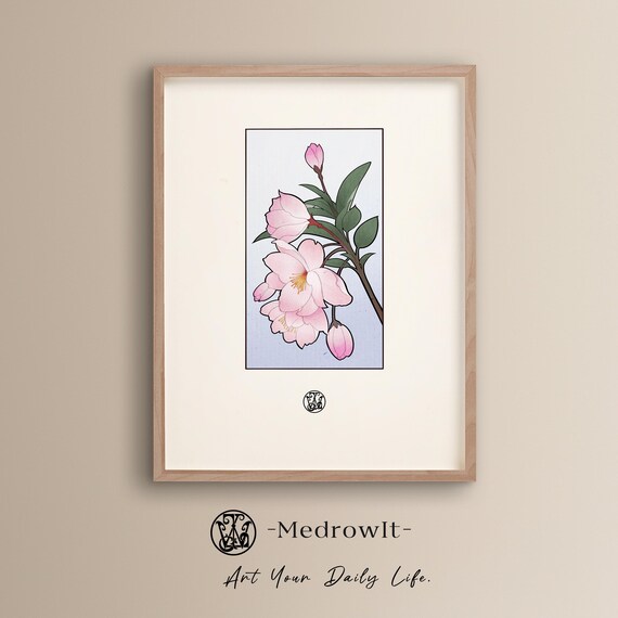 Handdrawn Pink Blossom Branch Japanese Botanical Art Print Flowers