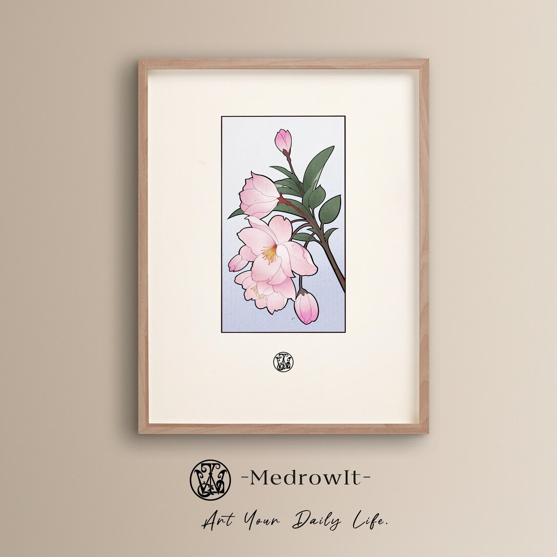 Handdrawn Pink Blossom Branch Japanese Botanical Art Print Flowers
