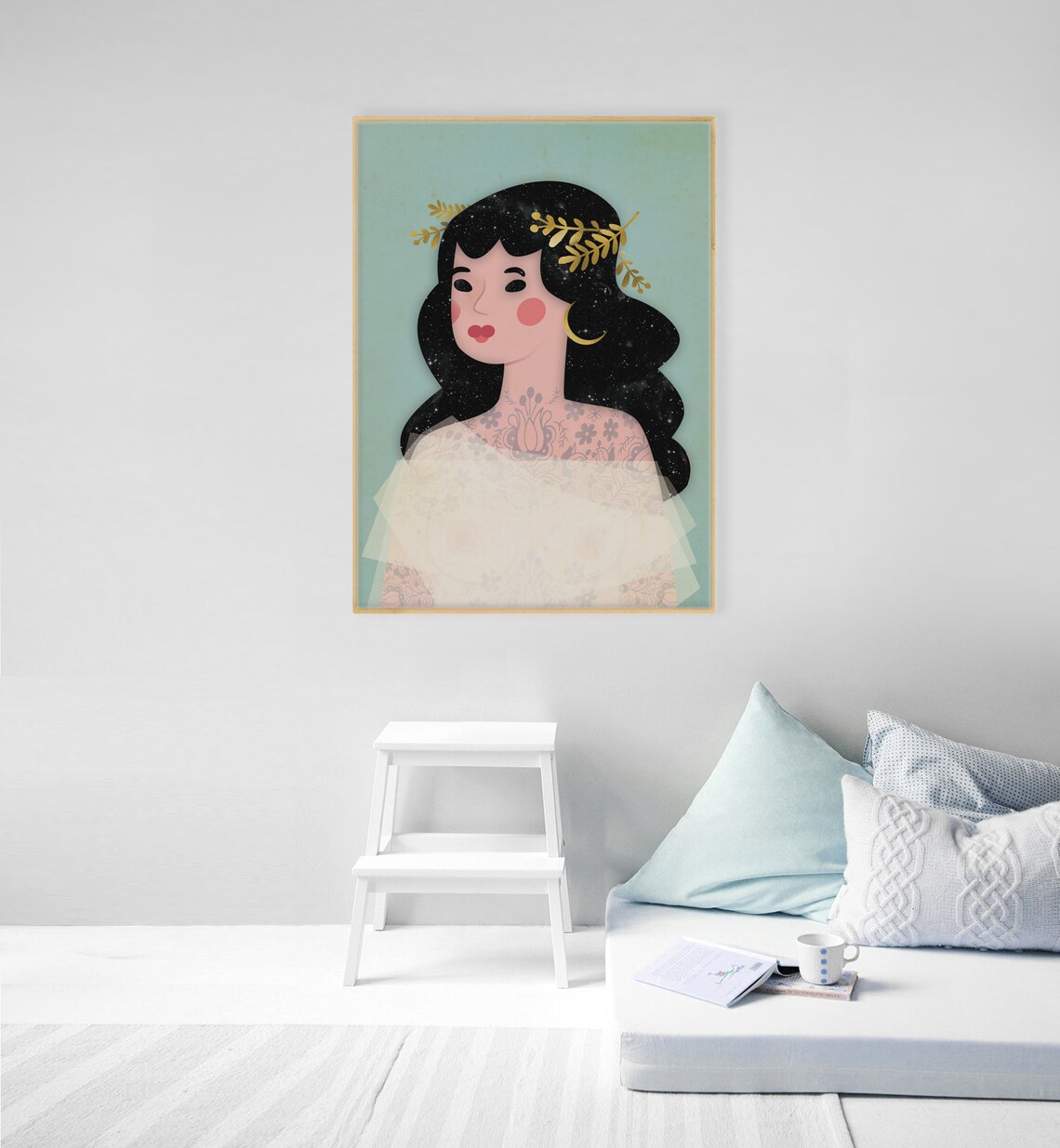 Moon Lady Portrait Starry Night Hair Gold Laurel Illustrative Poster - Image 2