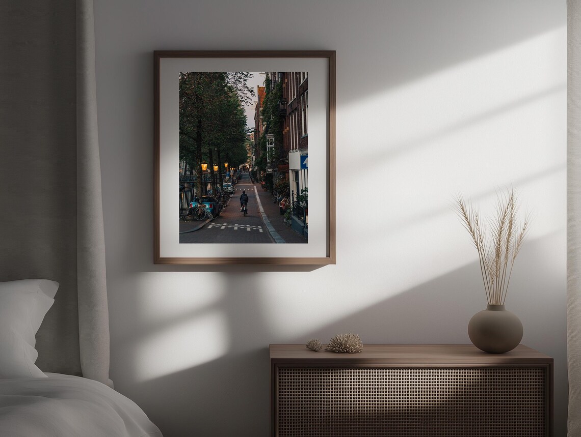 Amsterdam Netherlands Cyclist On Tree Lined Dusk Street Photo Poster - Image 3