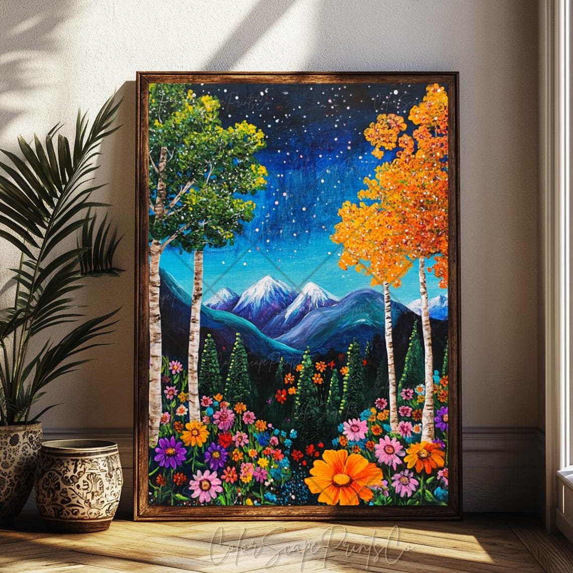 Wildflower Meadow Mountain Night Birch Trees Starry Sky Poster - Image 2