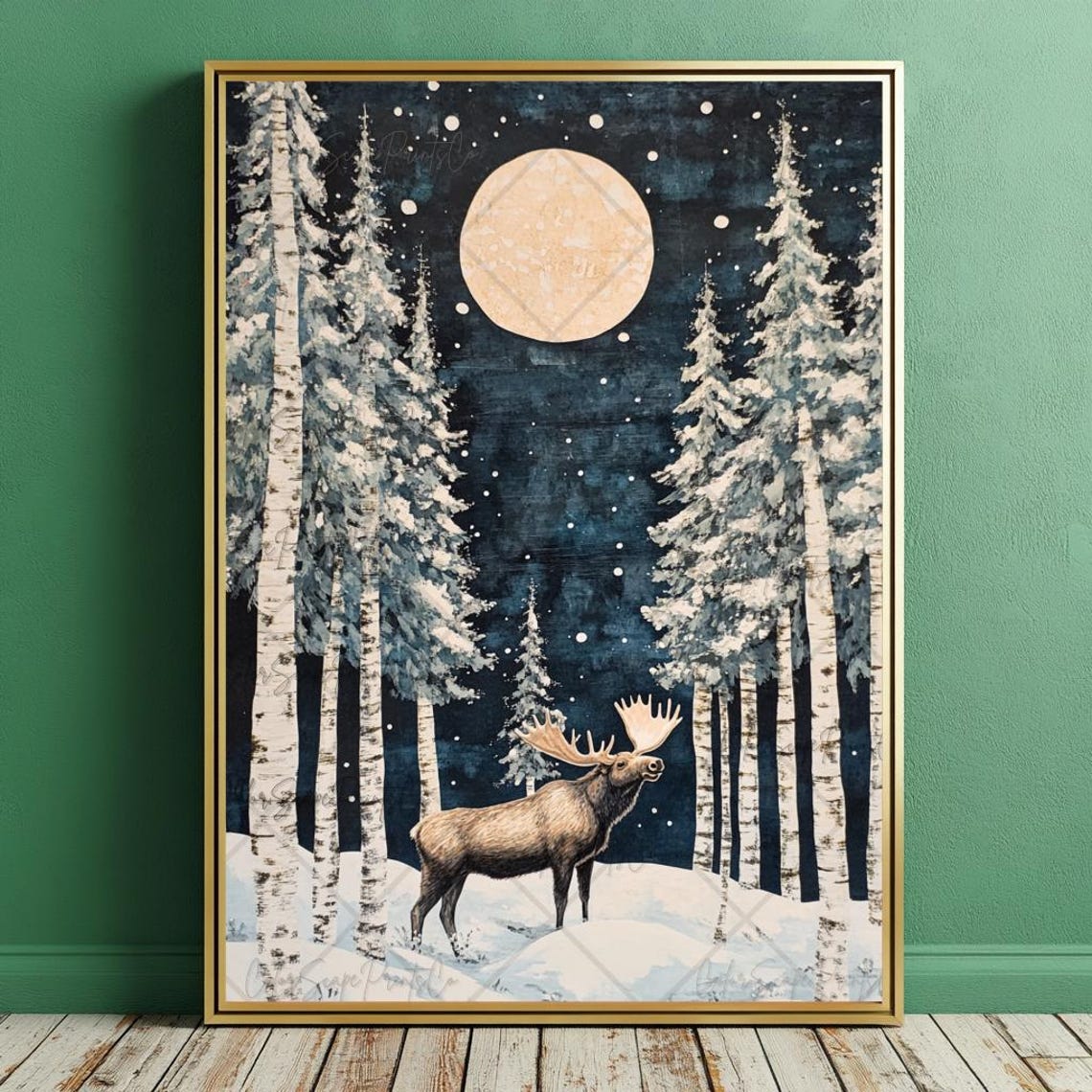 Moose Standing in Snowy Birch Forest Under Big Winter Moon Poster - Image 2