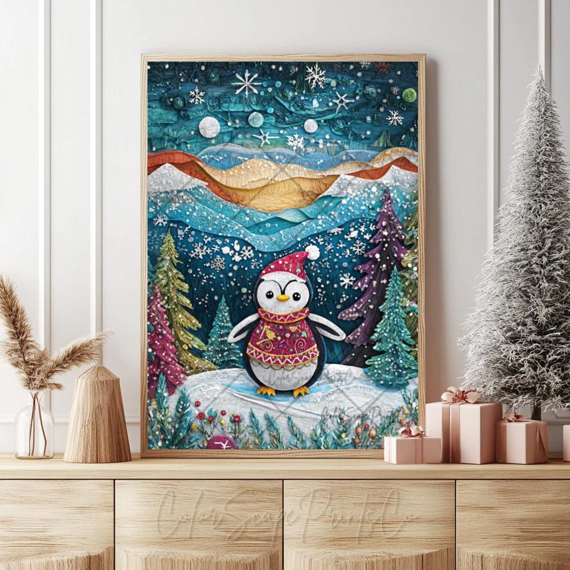 Cute Penguin in Santa Hat Paper Quilling Style Winter Art Poster - Image 2