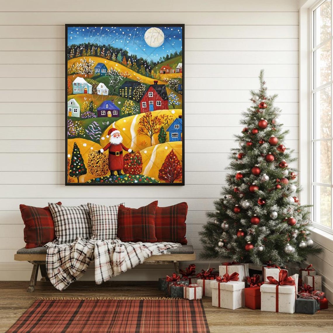 Santa Claus In Christmas Village Painting Colorful Christmas Print Starry Night Snowy Landscape Art Winter Village Print Red Green Christmas - Image 3