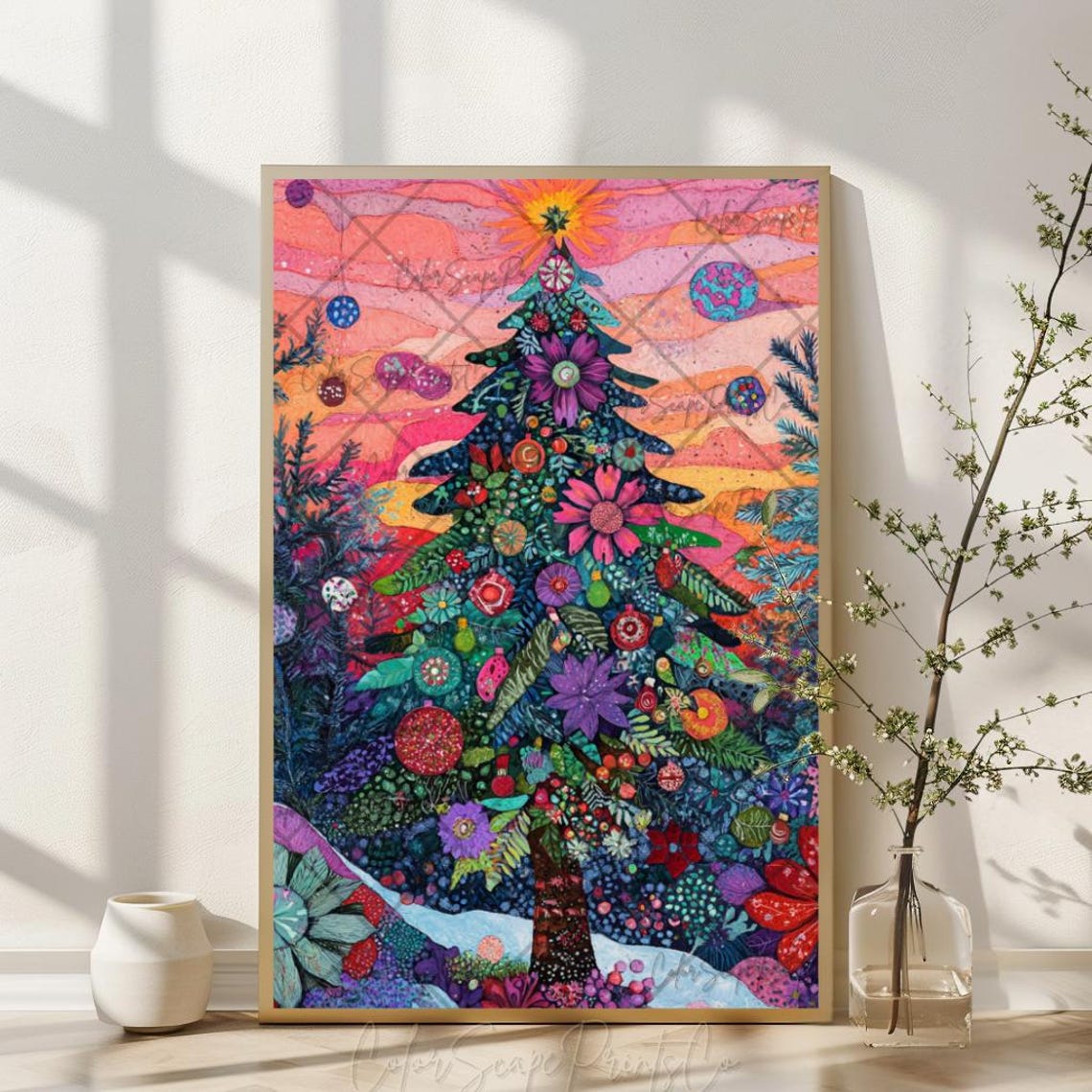 Tropical Floral Christmas Tree Sunset Sky Whimsical Holiday Poster - Image 3