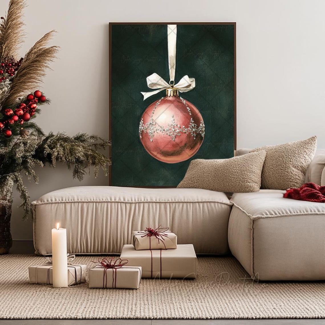 Pink Christmas Bauble Ornament White Bow Dark Elegant Poster - Image 2