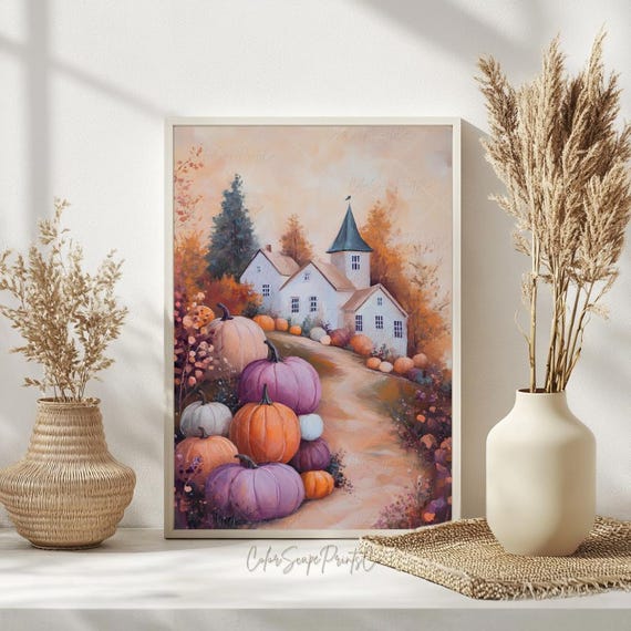 Fall Village Folk Art Print Autumn Cottage Cozy Warm Whimsical Painting Harvest Pumpkin Wall