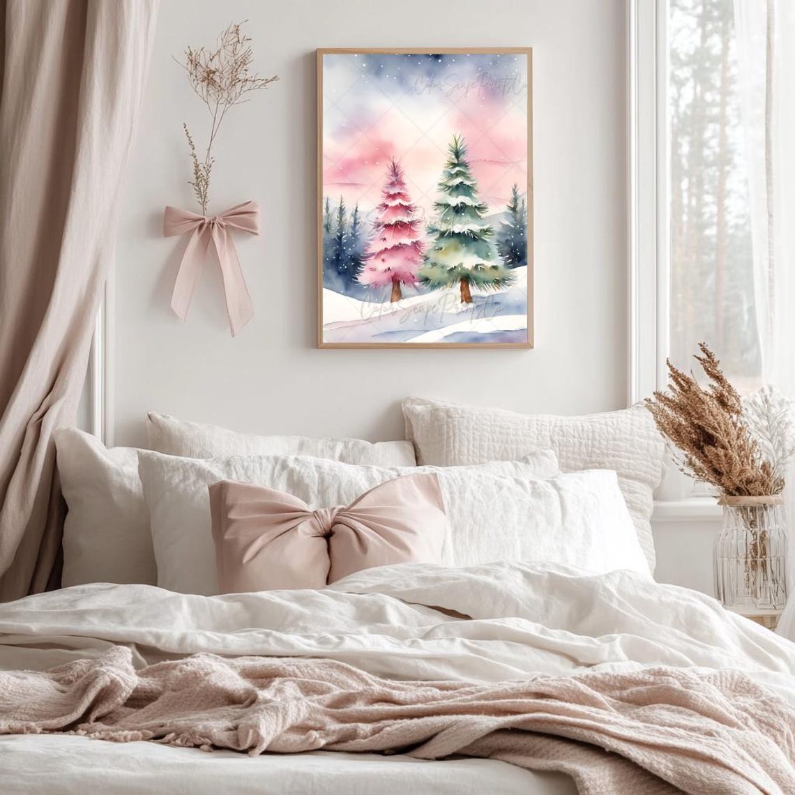 Pastel Watercolor Snowy Pine Trees at Sunset Soft Winter Art Poster - Image 2
