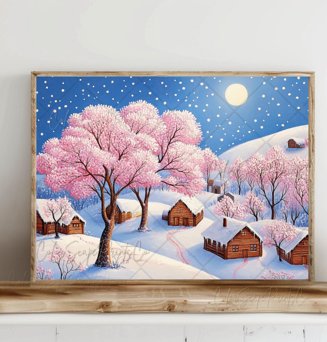 Pink Christmas Village Wall Art Whimsical Winter Wonderland Winter Landscape Pastel Christmas Wall Art Pink Trees Snowy Landscape Painting - Image 2